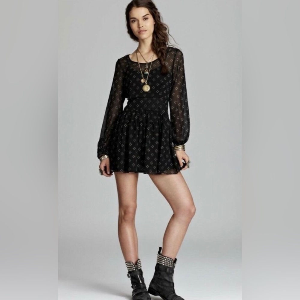 Free People Baby Dee Chiffon Sheer Overlay Long Sleeve Fit and Flare Dress